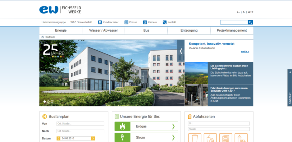 Screenshot Website Eichsfeldwerke kurz nach dem Relaunch - realisiert durch die Full-Service-Agentur Studio1®