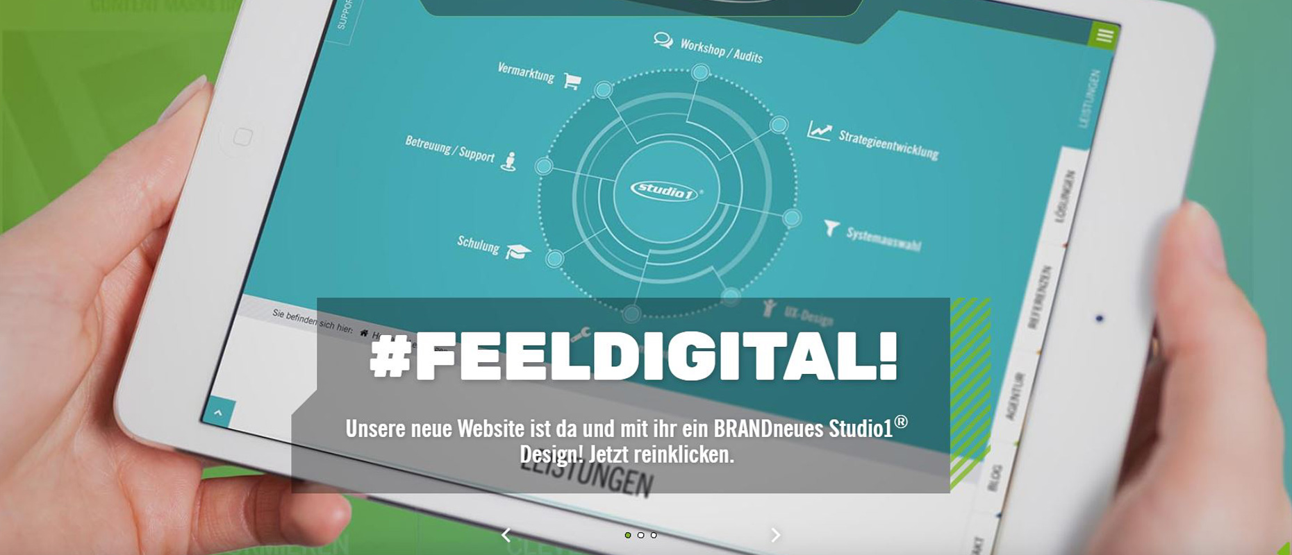 Screenshot Startbildschirm der Studio1® Website nach Website Relaunch