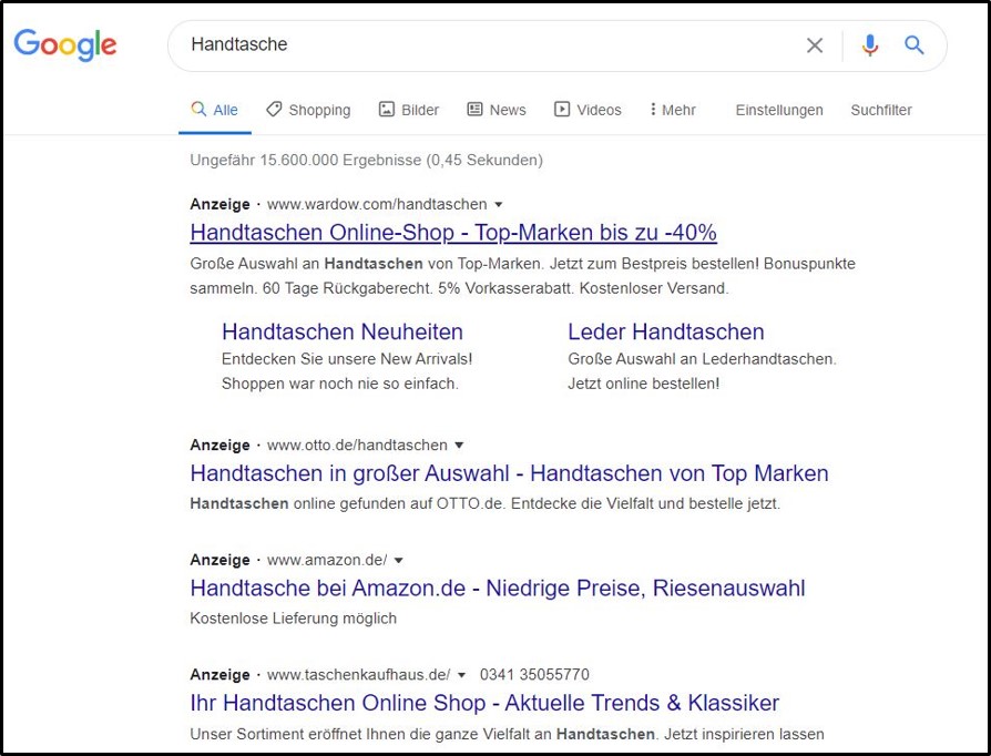 Google-Werbung: Screenshot Sucheingabe Handtasche