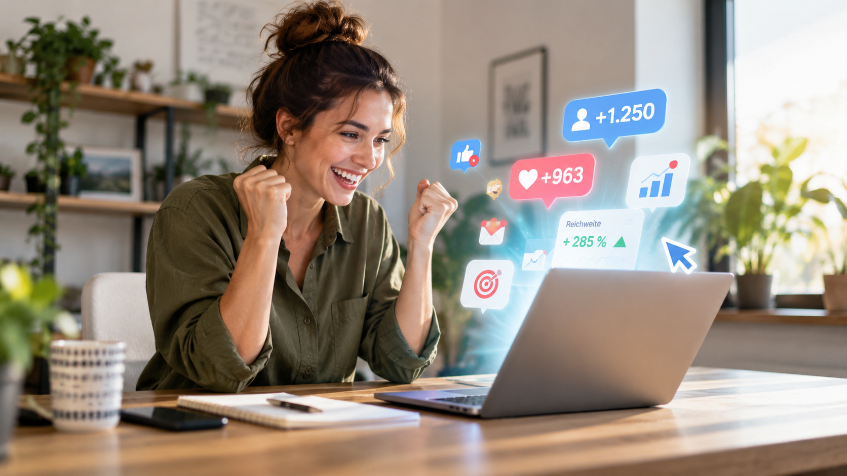 Frau am laptop freut sich über Shares und Likes