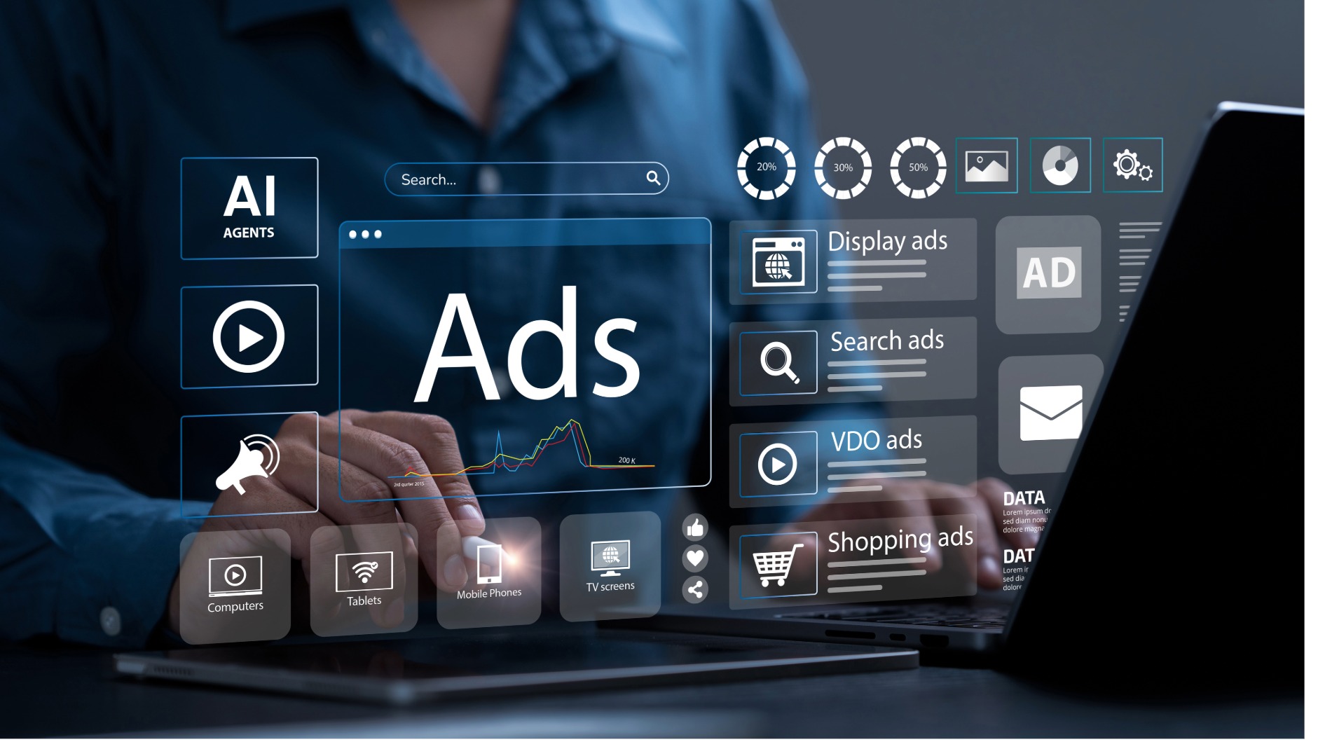 Suchmaschinenwerbung Google Ads Laptop, Screens, Icons, futuristisch