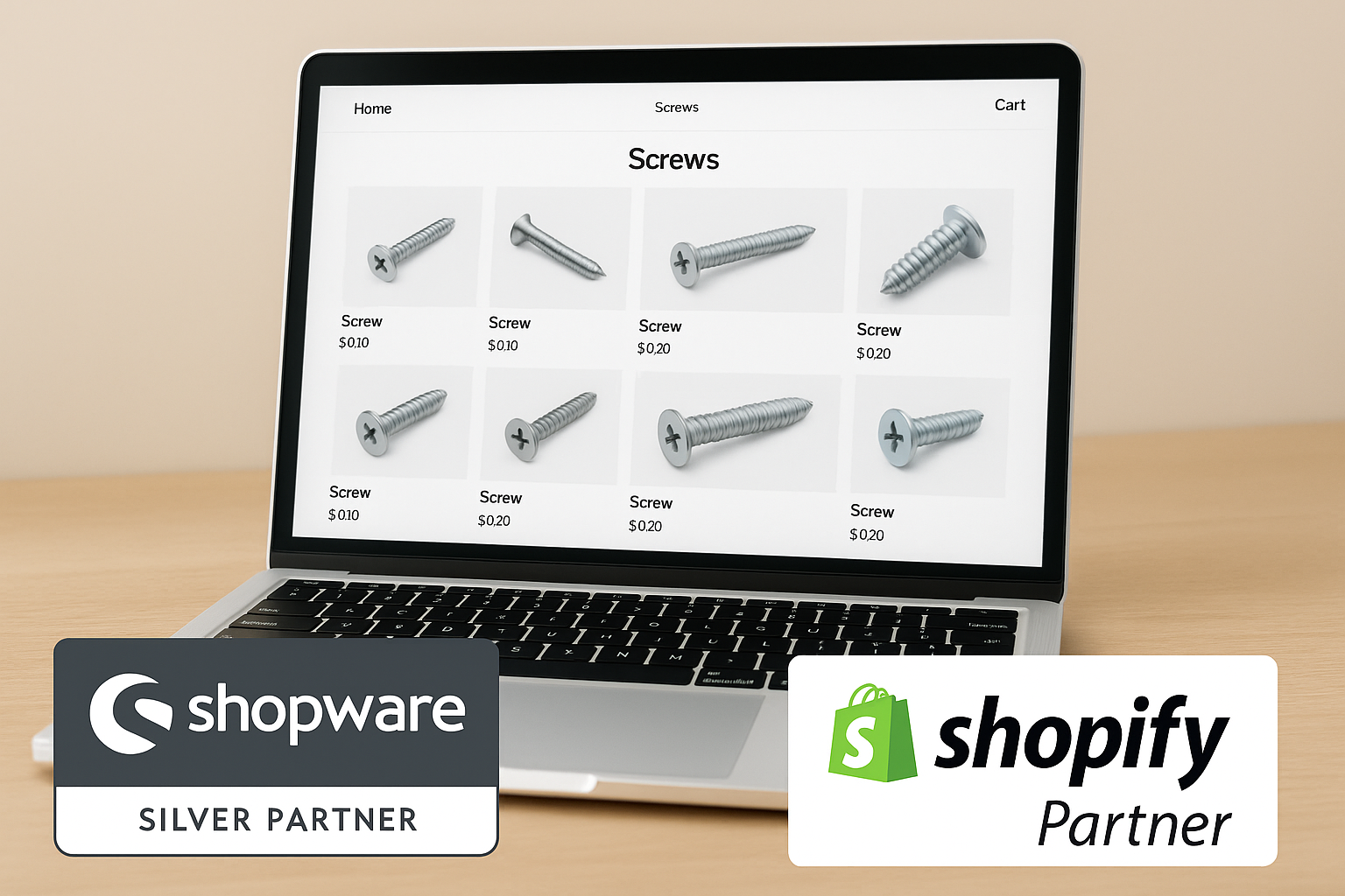 Laptop mit Schraubenshop und grafischen Visualisierungen: Shopify-Partner und Shopware-Silver-Partner